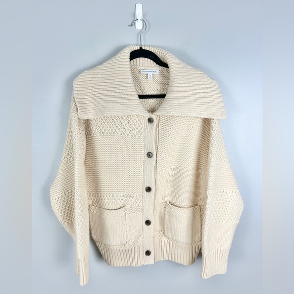 BANANA REPUBIC Cotton-Wool Cardigan Chunky Knit Cream Size XL Like new Fisherman - Picture 2 of 6
